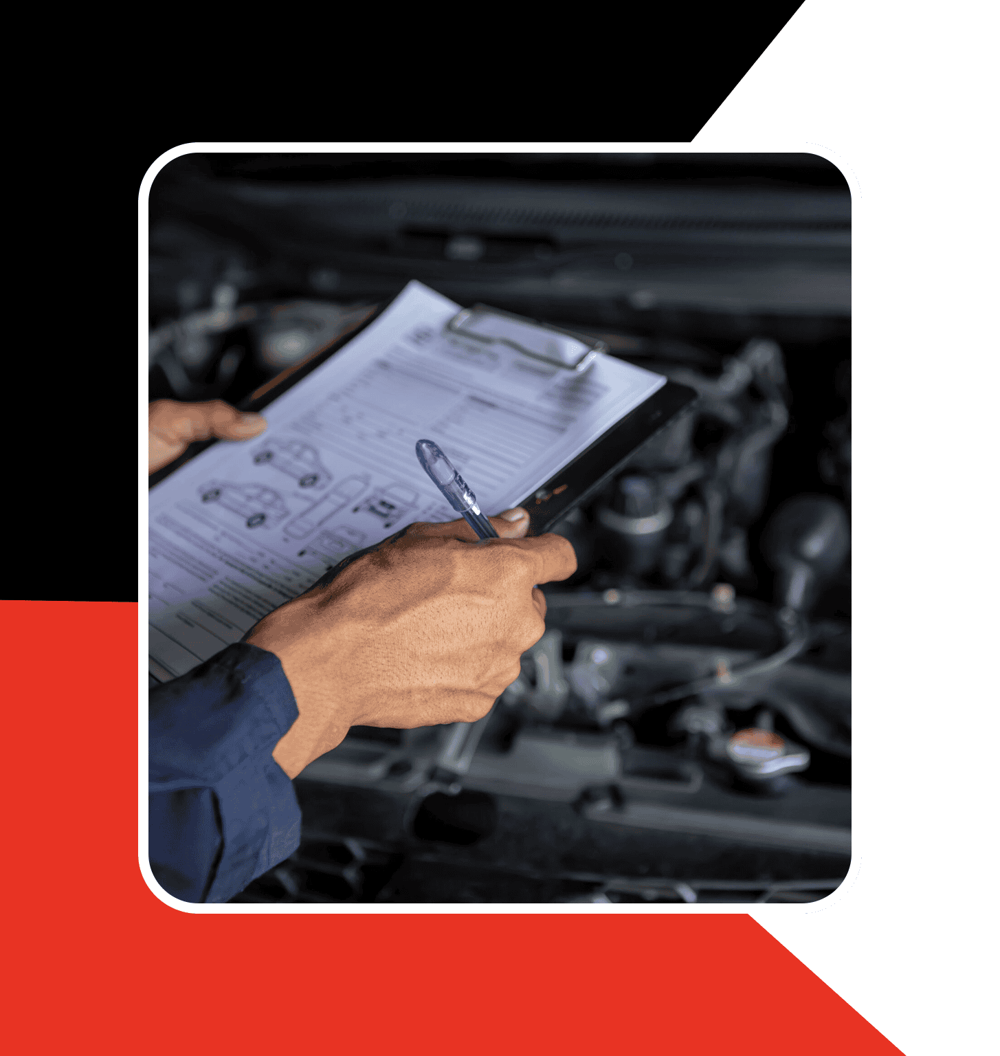 Stock image of a man holding a clipboard during MOT inspection with a black and red branded border