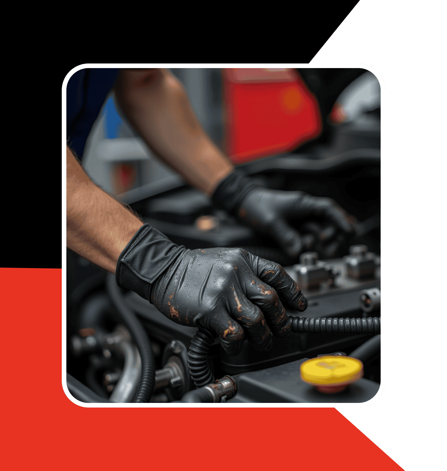 Stock image of a mechanic working on a car engine with a black and red branded border