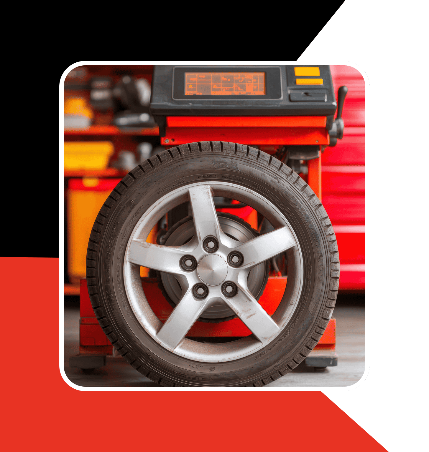 Stock image of a car tyre with a black and red branded border matching our garage colours