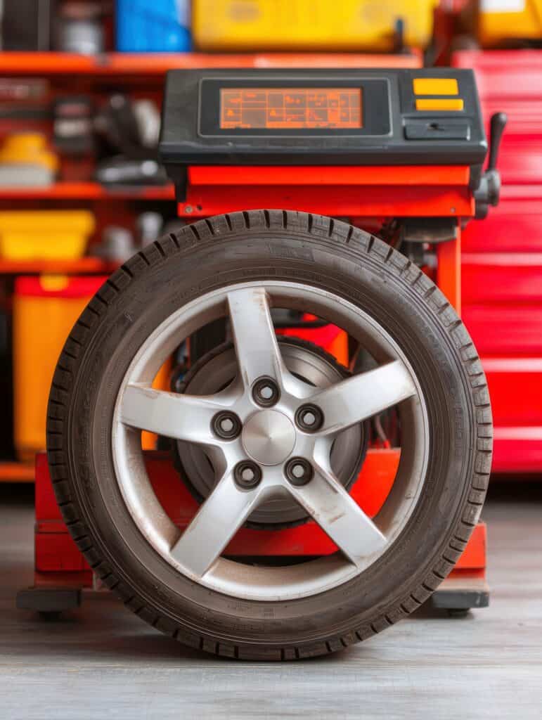 Stock image of a car tyre positioned in front of garage equipment in a workshop setting