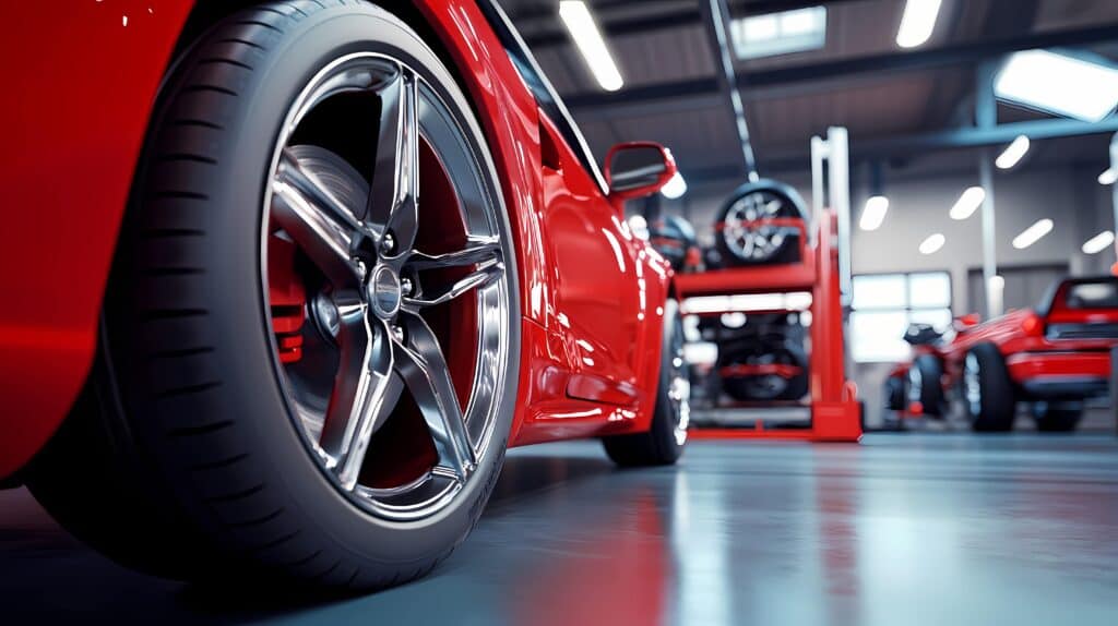 Close-up side view of a tyre on a red car with a blurred garage background