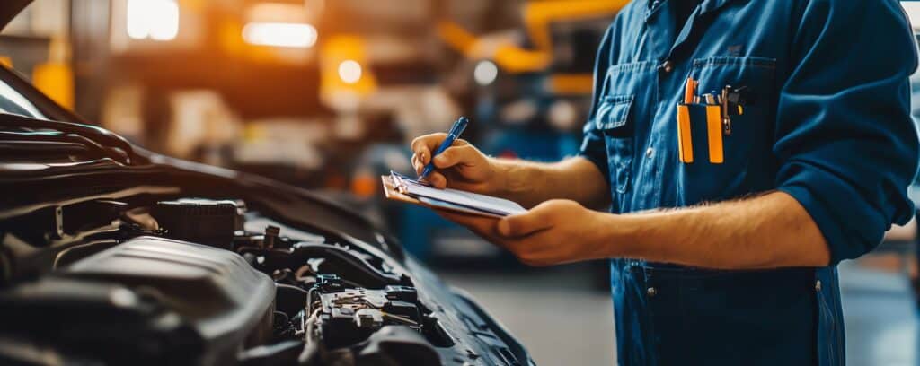 Stock image of a man inspecting a car engine with the bonnet open while holding a checklist