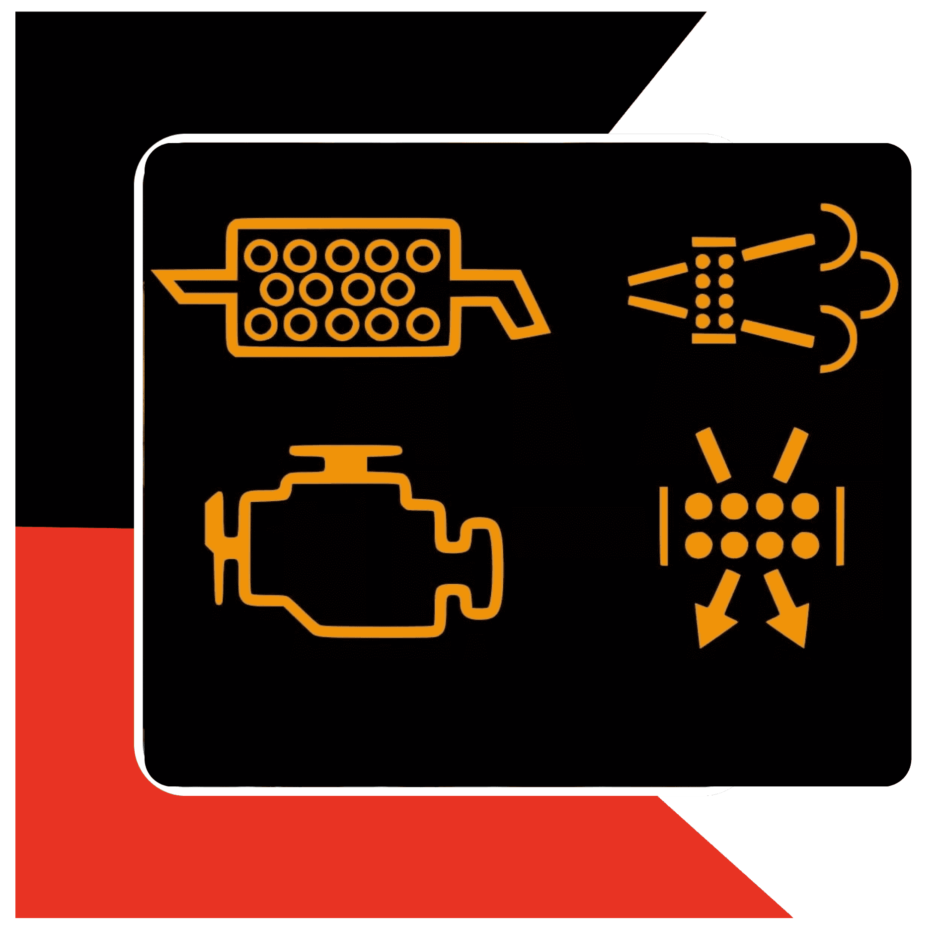 Car engine warning lights and symbols on dashboard in black and orange.